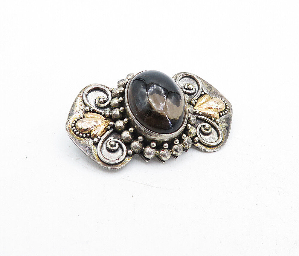 BALI 925 Sterling Silver  Vintage Cabochon Cut Smoky Topaz Brooch Pin  BP1907