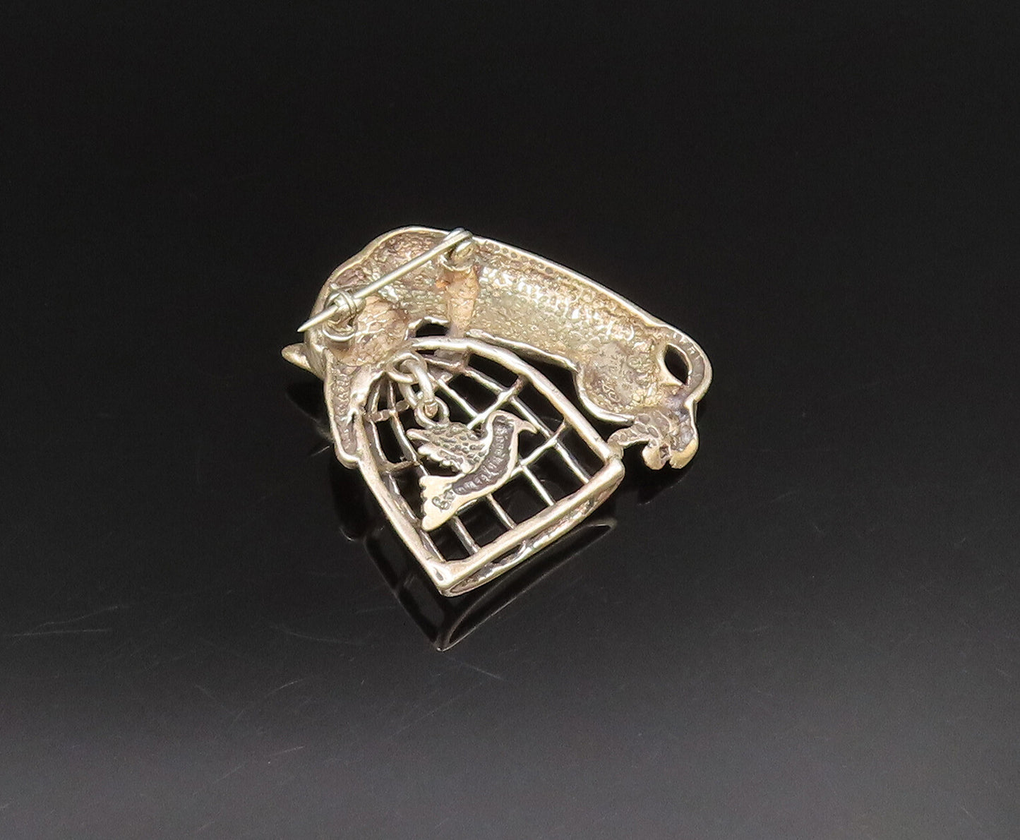 JEZLAINE 925 Silver  Vintage Carved Cat With Bird Cage Brooch Pin  BP9785