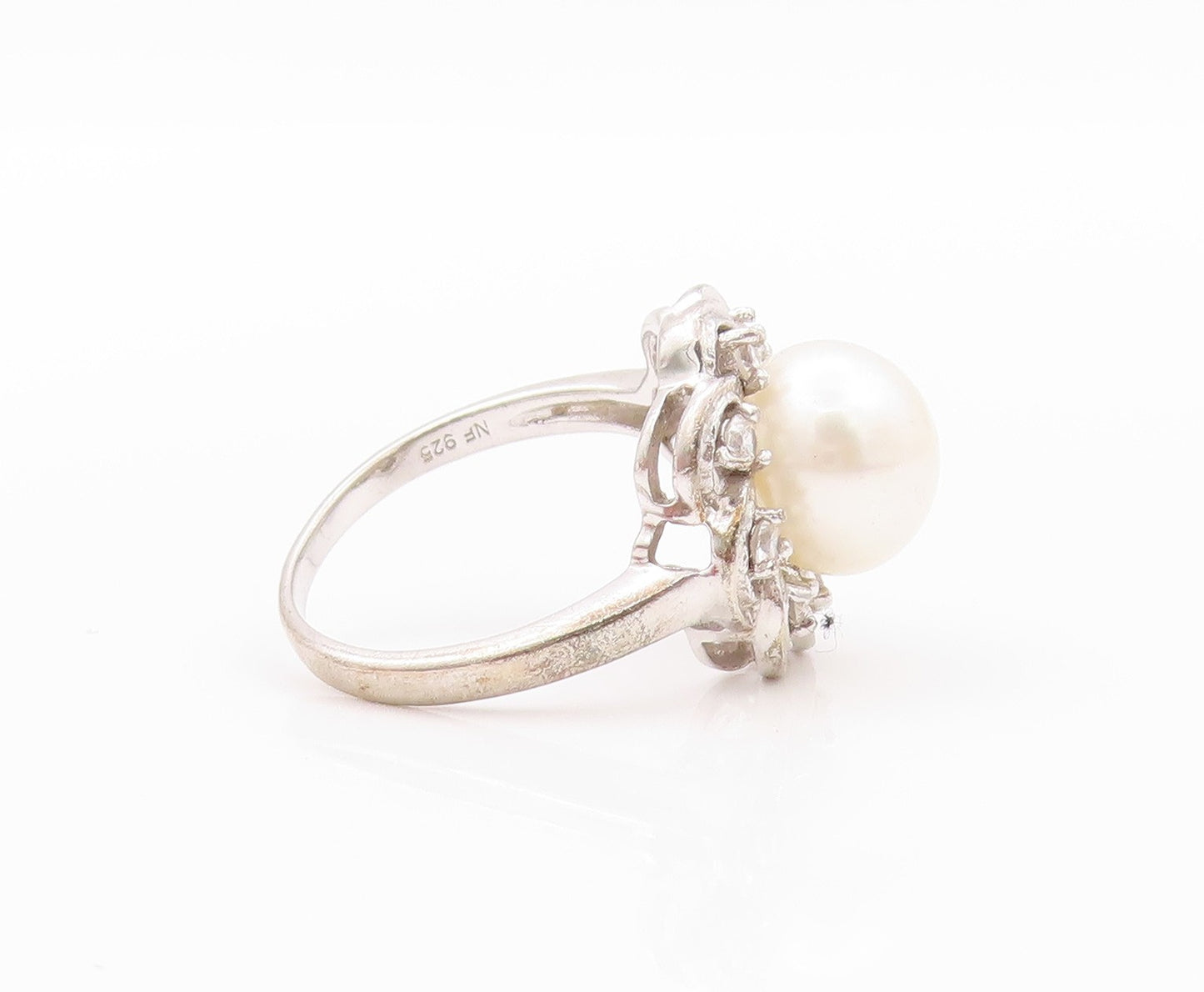 925 Sterling Silver Vintage Ring Pearl & CZ Cutout Flower  Sz 8  RG32643