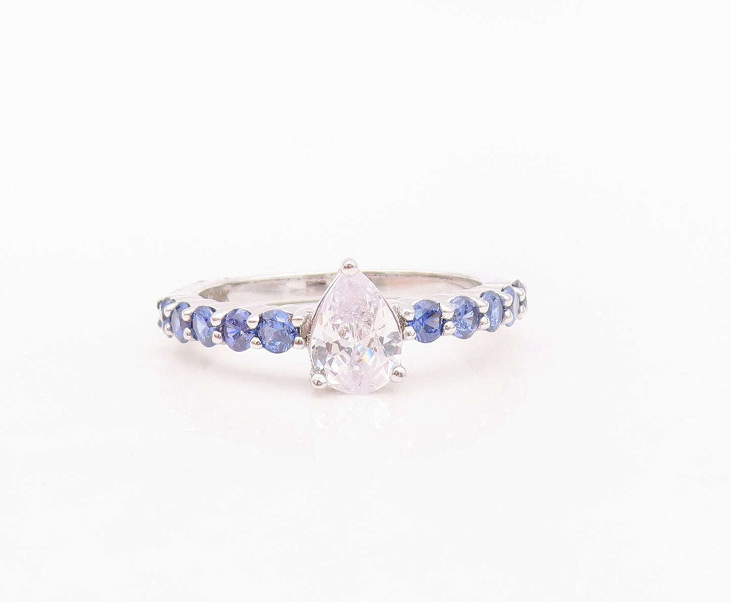 925 Sterling Silver Vintage Ring Drop Cut CZ Round Sapphire Band  Sz 7 RG30143