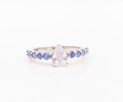 925 Sterling Silver Vintage Ring Drop Cut CZ Round Sapphire Band  Sz 7 RG30143