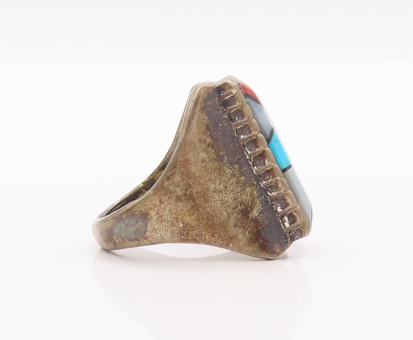 925 Sterling Silver Vintage Ring NAVAJO Multiple Gemstones Inlay Sz 9.5  RG28227