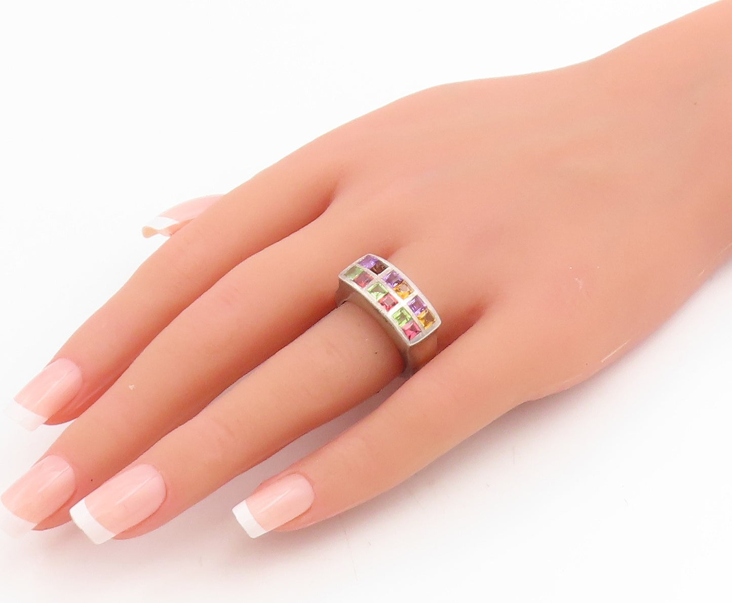 925 Sterling Silver Vintage Ring Multi Gemstone Geometric Band  Sz 7.5  RG34828
