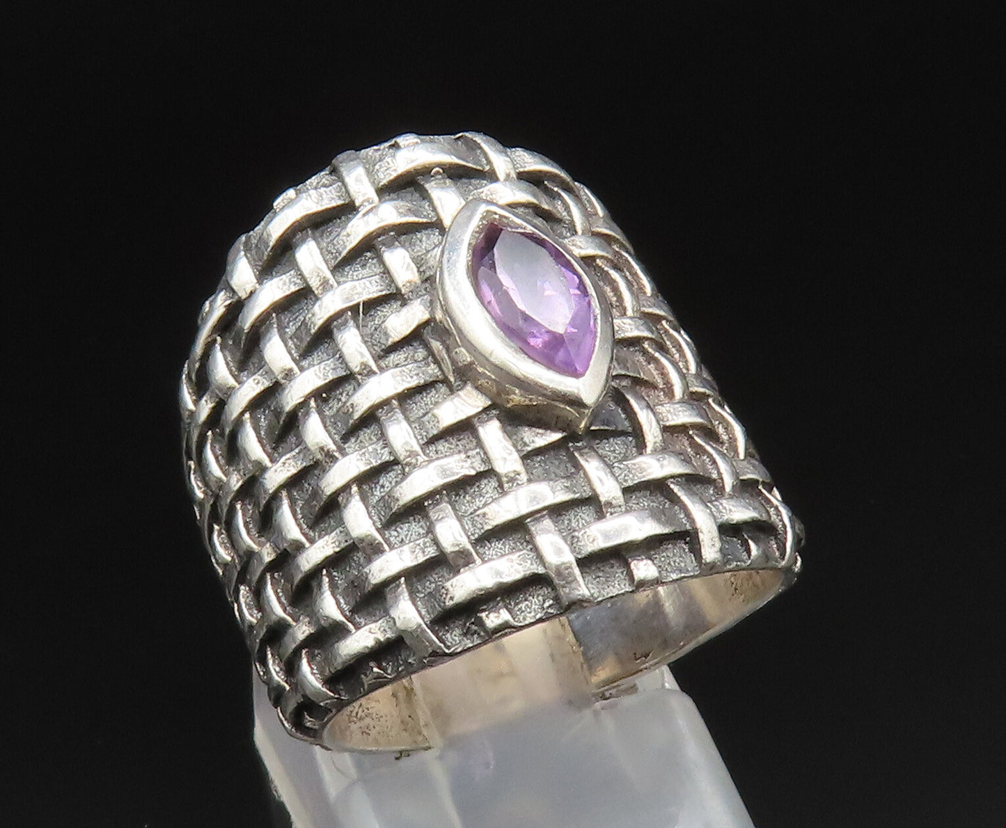 DESIGNER 925 Silver  Vintage Amethyst Basket Weave Wide Band Ring Sz 7 RG25022