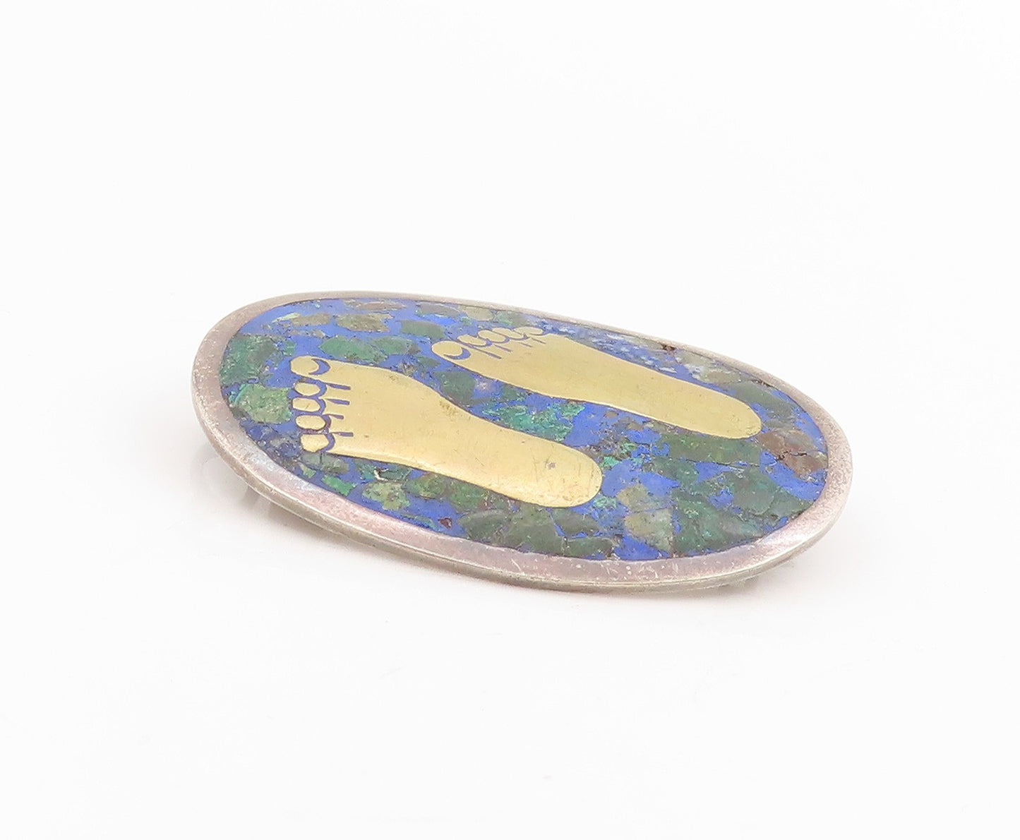 925 Sterling Silver Vintage Brooch MEXICO Malachite Inlay Foot Print  BP12014