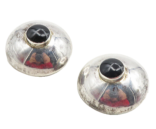 MEXICO 925 Silver  Vintage Black Onyx Shiny Dome Non Pierce Earrings  EG4792