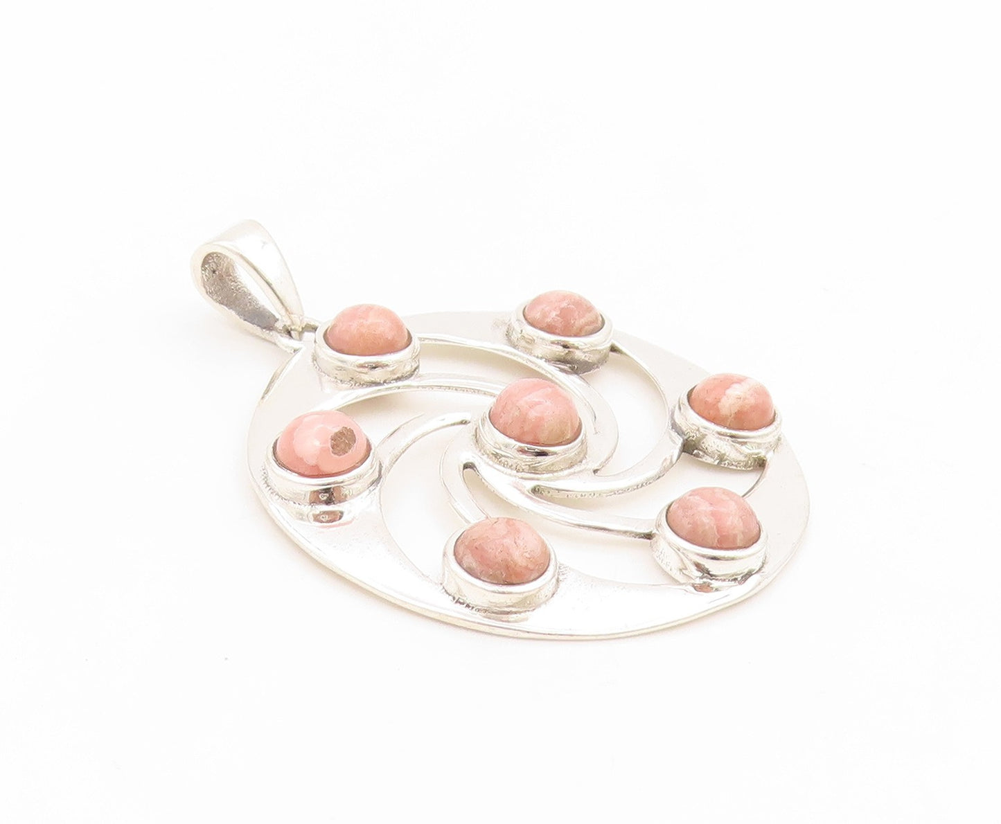 925 Sterling Silver Vintage Pendant Rhodochrosite Celtic Spiral Circle PT25829