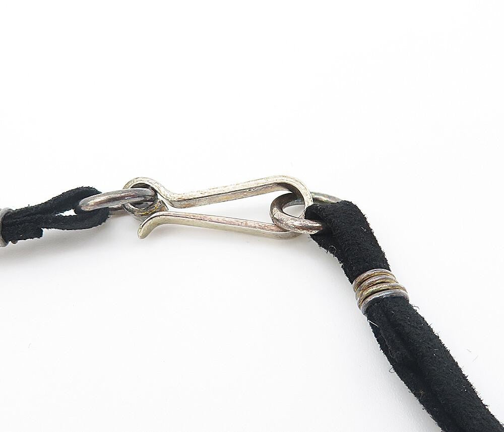 ISRAEL 925 Sterling Silver  Vintage Shiny Modernist Suede Necklace  NE1381