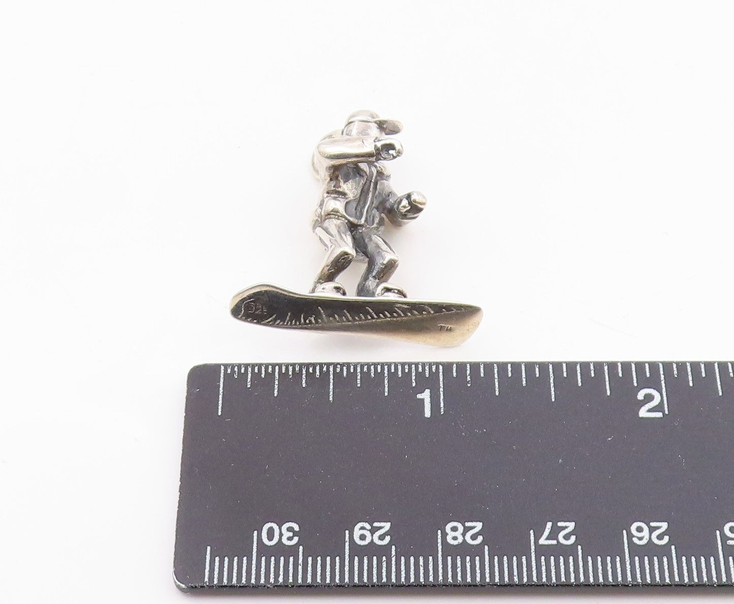 925 Sterling Silver  Vintage Shiny Snowboarder Sports Motif Pendant  PT18450