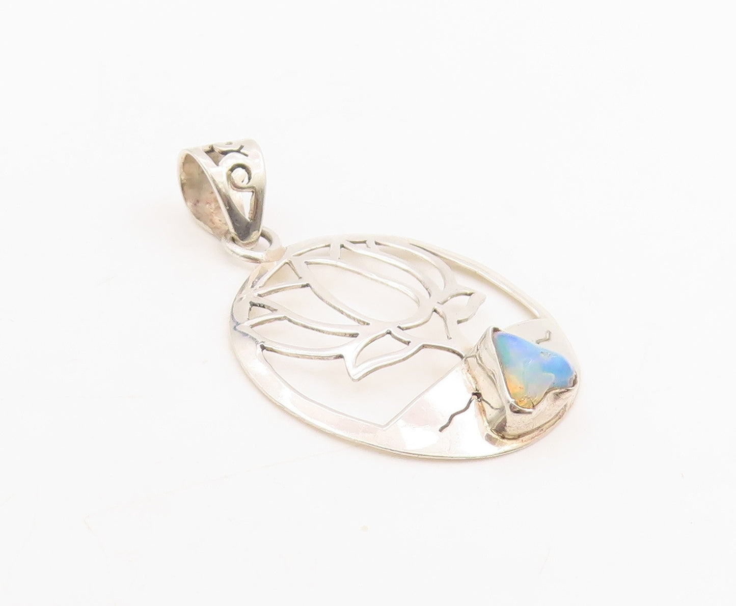 925 Sterling Silver Vintage Pendant Fire Opal Lotus Flower Cutout Medal  PT25565