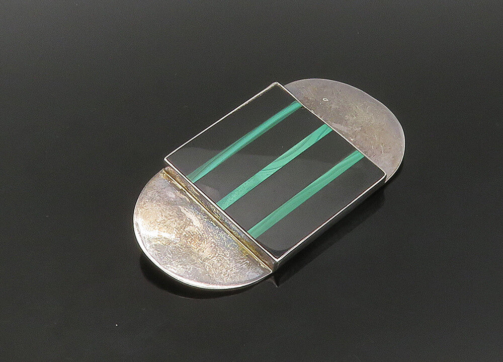 GFMW 925 Sterling Silver  Vintage Black Onyx & Malachite Brooch Pin  BP8842