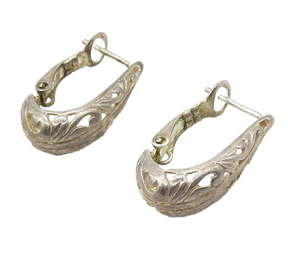 925 Sterling Silver  Vintage Shiny Swirl Pattern U Shape Hoop Earrings  EG8271