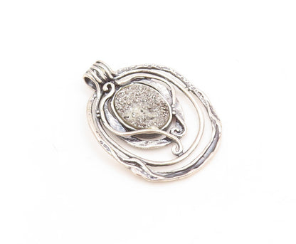 925 Sterling Silver Vintage Pendant SHABLOOL ISRAEL Cutout Drusy Quartz  PT23792