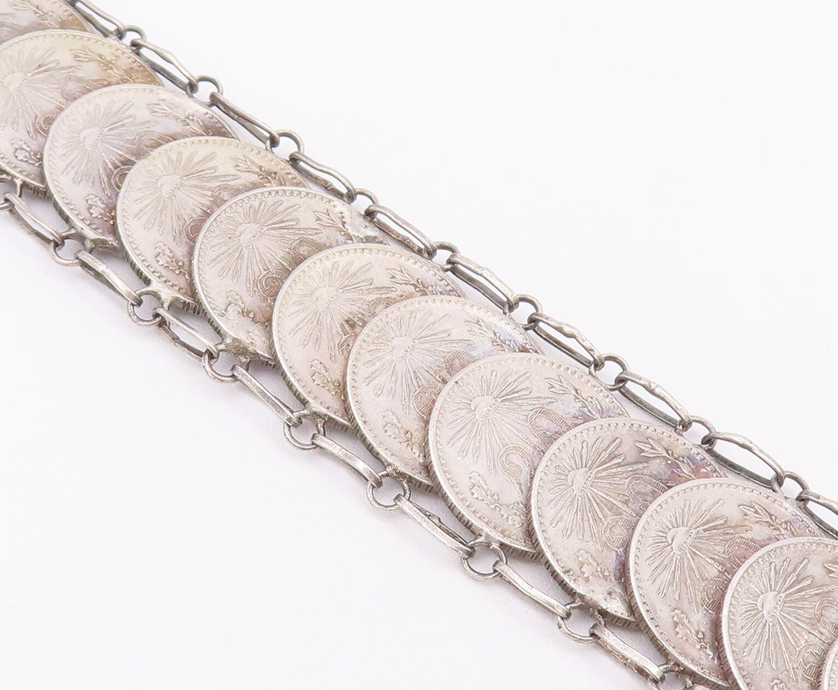 925 Sterling Silver Vintage Bracelet Mexican 20 Cent Chained Linked  BT10366