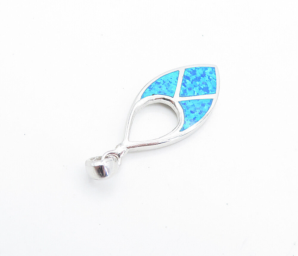 925 Sterling Silver  Shiny Inlaid Blue Fire Opal Pattern Drop Pendant  PT5590