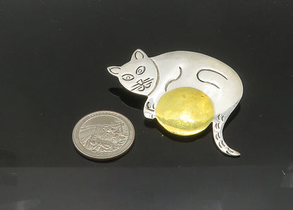 MEXICO 925 Sterling Silver  Vintage Two Tone Cat & Ball Brooch Pin  BP8365