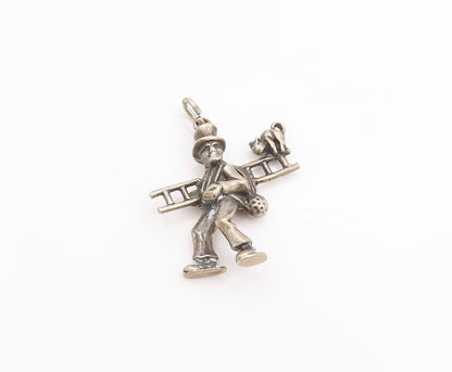 925 Sterling Silver Vintage Pendant German Lucky Chimney Sweep with Cat  PT24890
