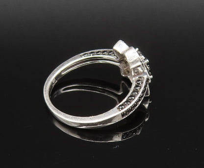 925 Silver  Vintage Shimmering Black Spinel Flower Motif Ring Sz 8  RG25701