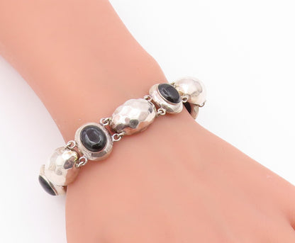 925 Sterling Silver Vintage Bracelet Black Onyx Hammered Puffy Dome Link BT12186
