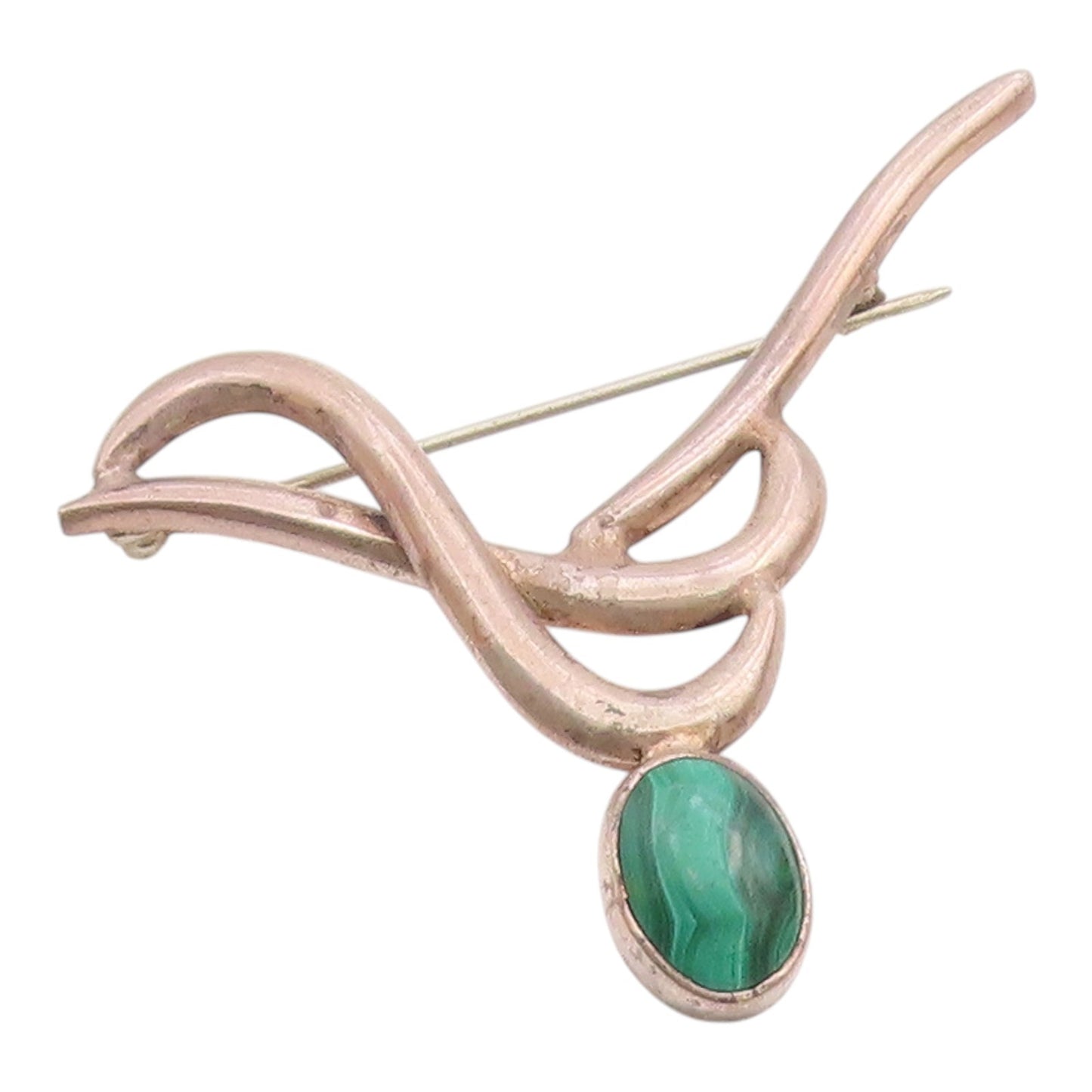 MEXICO 925 Sterling Silver  Vintage Cabochon Cut Malachite Brooch Pin  BP8836
