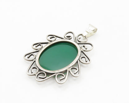 925 Sterling Silver  Vintage Green Carnelian Floral Swirl Pendant  PT11492