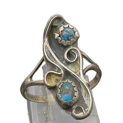NAVAJO  925 Silver   Vintage Petite Turquoise Swirl Band Ring Sz 6.5  RG23173