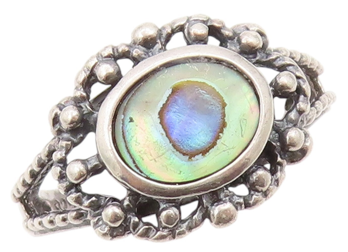 925 Sterling Silver Vintage Ring Antique Dark Tone Cutout Abalone  Sz 8  RG31780