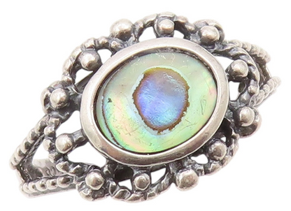925 Sterling Silver Vintage Ring Antique Dark Tone Cutout Abalone  Sz 8  RG31780