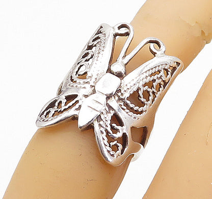 925 Sterling Silver Shiny Twist Detail Butterfly Motif Band Ring Sz 6 RG3803