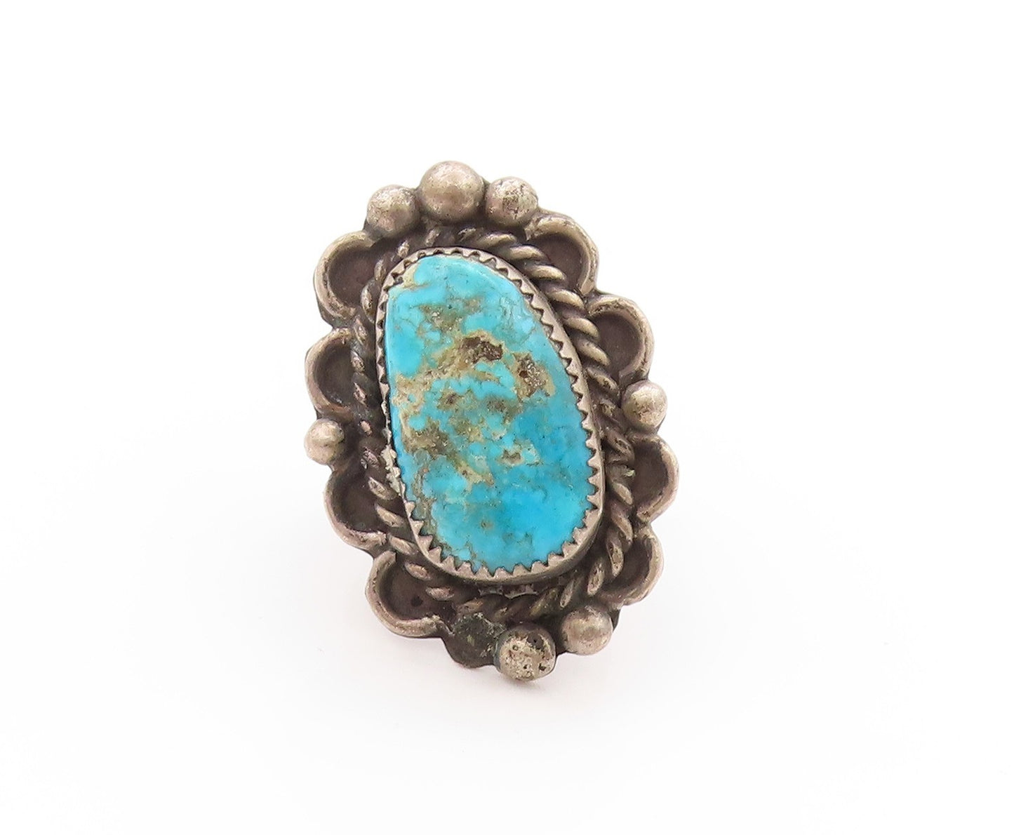 925 Sterling Silver Vintage Ring NAVAJO ZUNI Turquoise Flower  Sz 7.5  RG32669