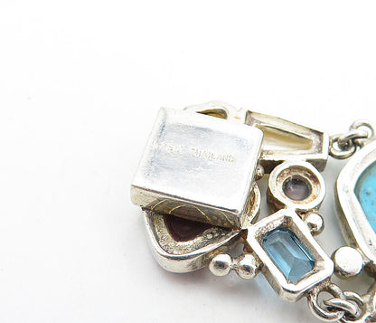 925 Sterling Silver Vintage Mother Of Pearl & Multi Stone Chain Bracelet BT3092