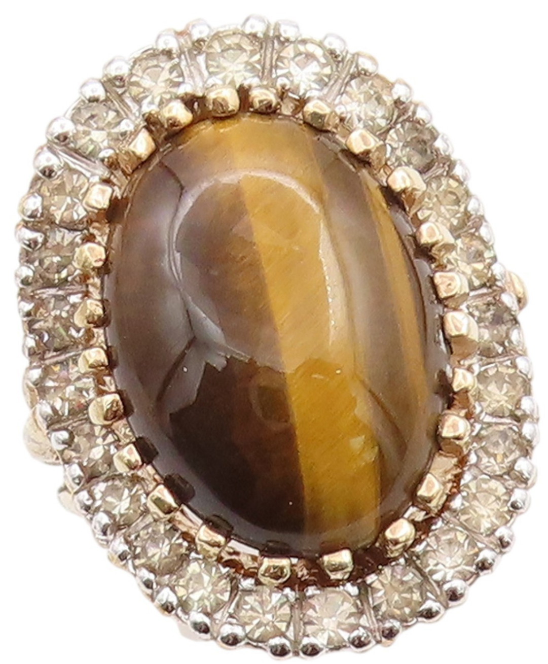 925 Sterling Silver Vintage Ring Gold Plated PANETTA Tiger's Eye CZ Sz 7 RG32713