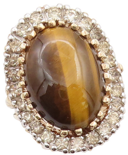 925 Sterling Silver Vintage Ring Gold Plated PANETTA Tiger's Eye CZ Sz 7 RG32713