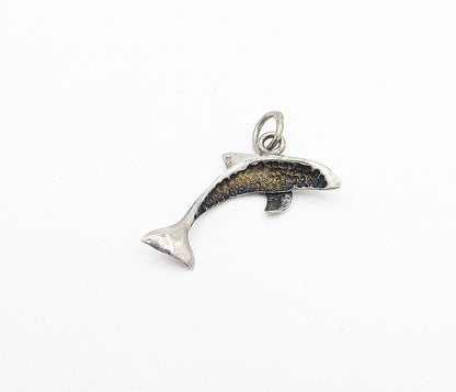 925 Sterling Silver  Vintage Dark Tone Leaping Dolphin Motif Pendant  PT3065