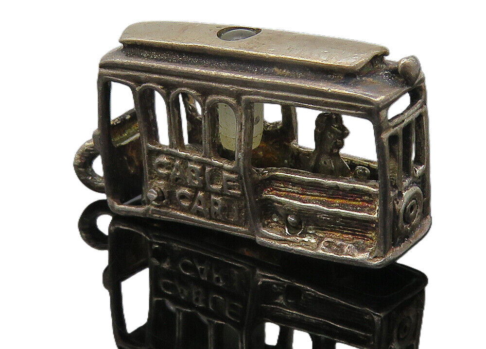 925 Sterling Silver  Vintage Dark Tone Trolley Cable Car Motif Pendant  PT8742