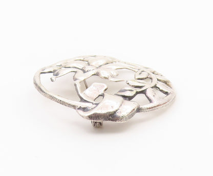 925 Sterling Silver  Vintage Shiny Round Floral Vine Motif Brooch Pin  BP5713