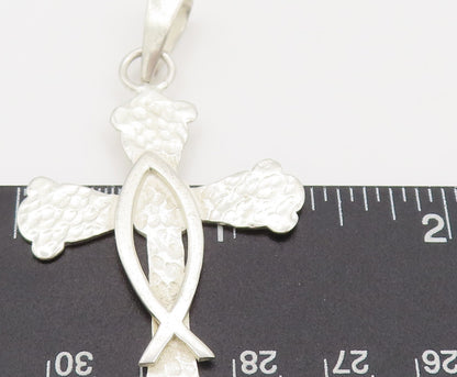925 Sterling Silver  Vintage Hammered Cross Cut Fish Back Pendant  PT22362