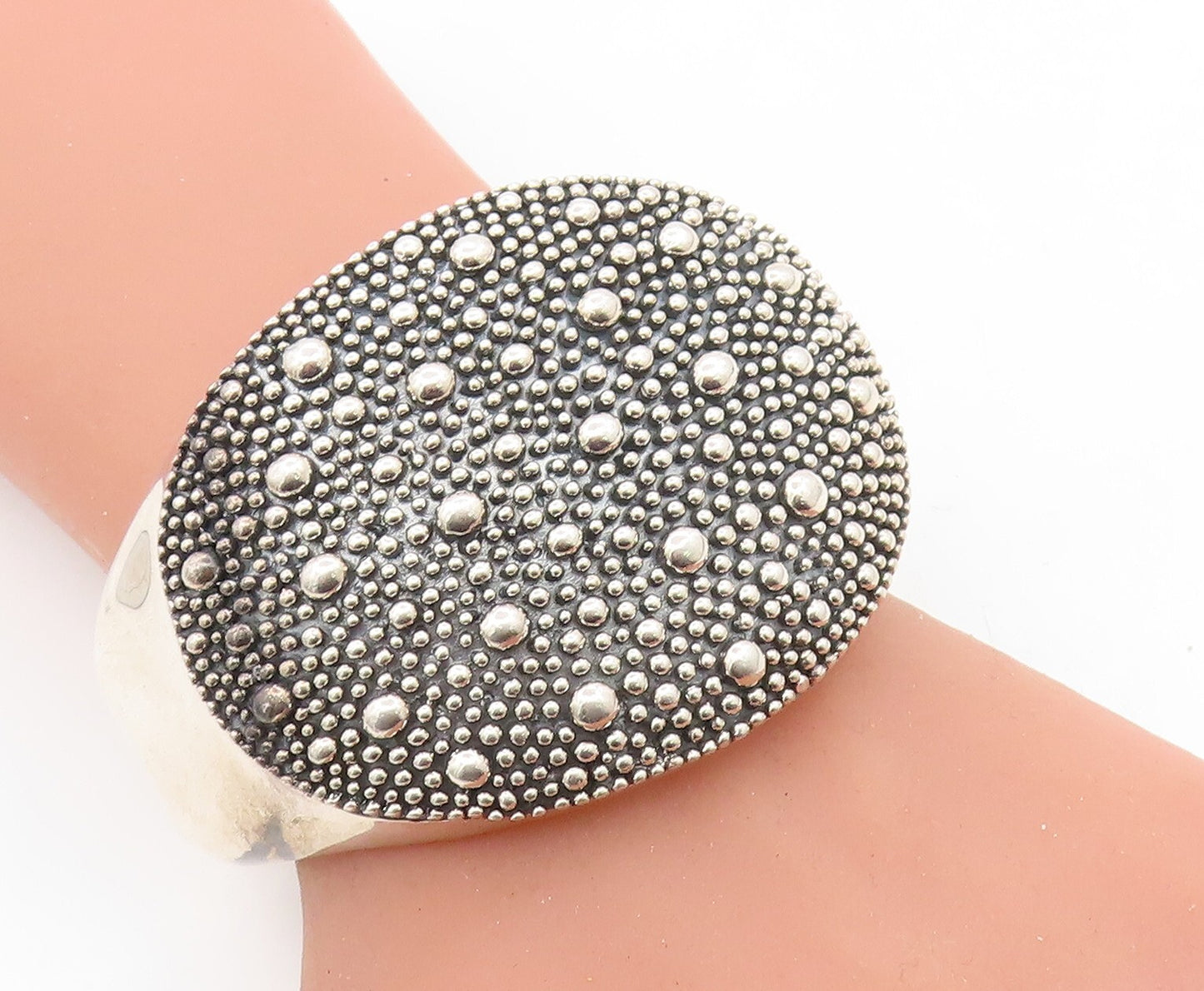 MICHAEL DAWKINS 925 Silver  Circle Patterned Large Hinge Cuff Bracelet  BT2702