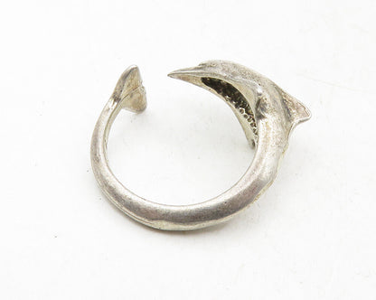 925 Sterling Silver  Vintage Dark Tone Dolphin Motif Band Ring Sz 5  RG9579