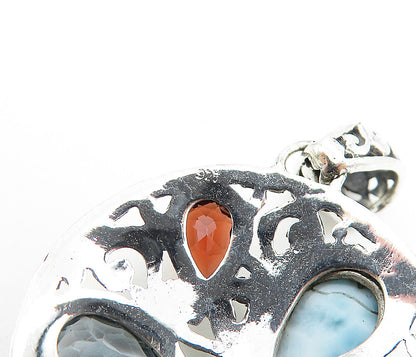 925 Sterling Silver  Larimar Garnet & Blue Topaz Round Swirl Pendant  PT5924