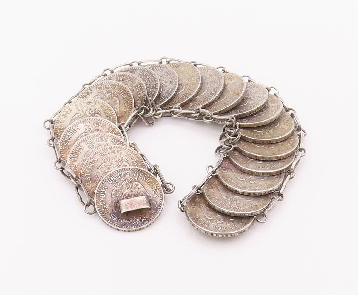 925 Sterling Silver Vintage Bracelet Mexican 20 Cent Chained Linked  BT10366