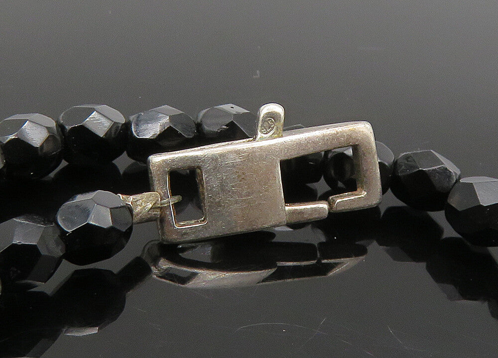 925 Sterling Silver  Vintage Black Spinel Beaded Floral Chain Necklace  NE3711