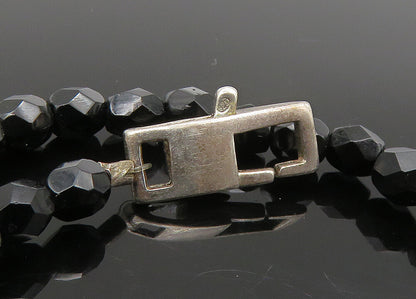925 Sterling Silver  Vintage Black Spinel Beaded Floral Chain Necklace  NE3711