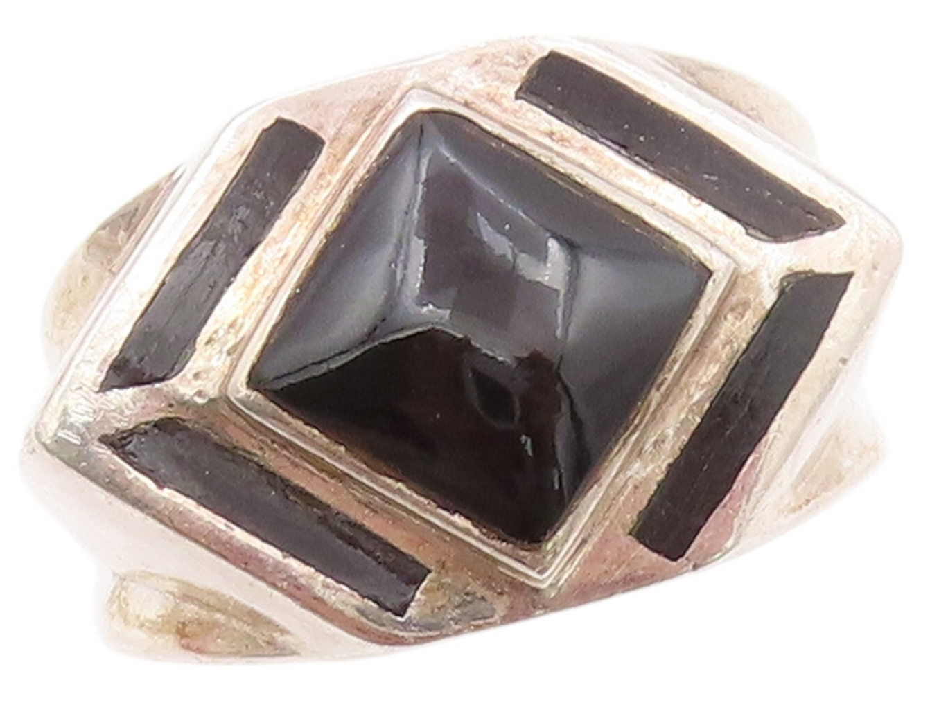 925 Sterling Silver Vintage Ring Square Halo Onyx Inlay  Sz 9.5  RG31812