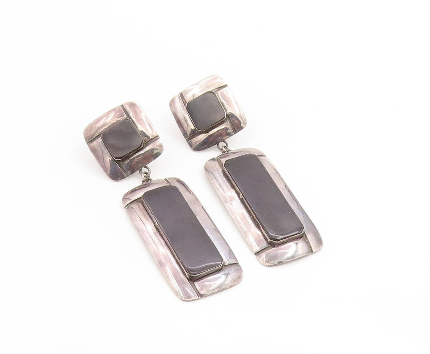 925 Sterling Silver Vintage Earrings Black Onyx Modern Geometric Dangle  EG13777