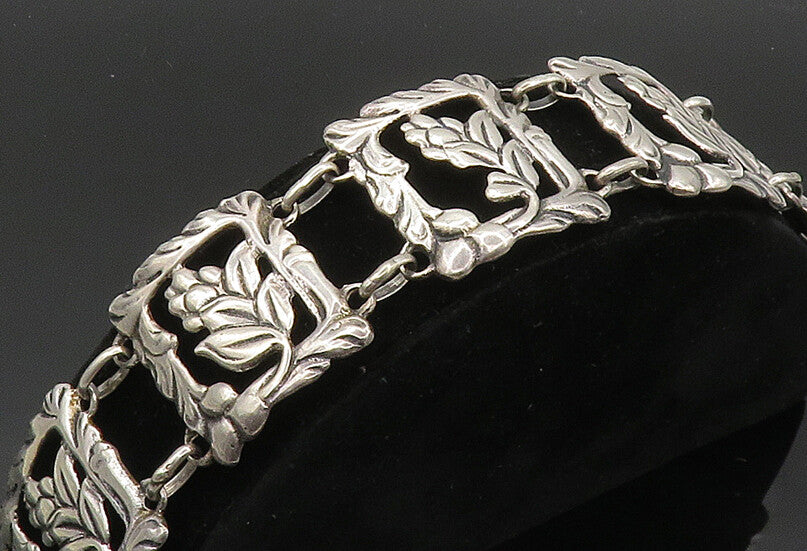 925 Sterling Silver  Vintage Antique Flower Motif Square Chain Bracelet BT8134