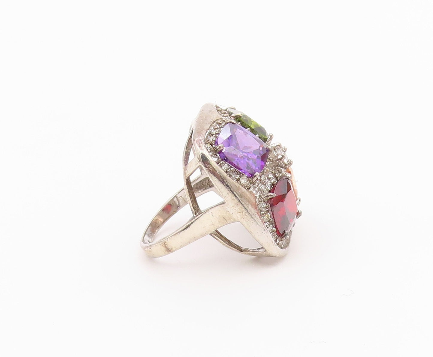 925 Sterling Silver Vintage Ring Multi Gemstone Statement Band  Sz 9  RG36455