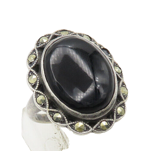 925 Silver  Vintage Onyx & Marcasite Victorian Cocktail Ring Sz 3.5  RG19707