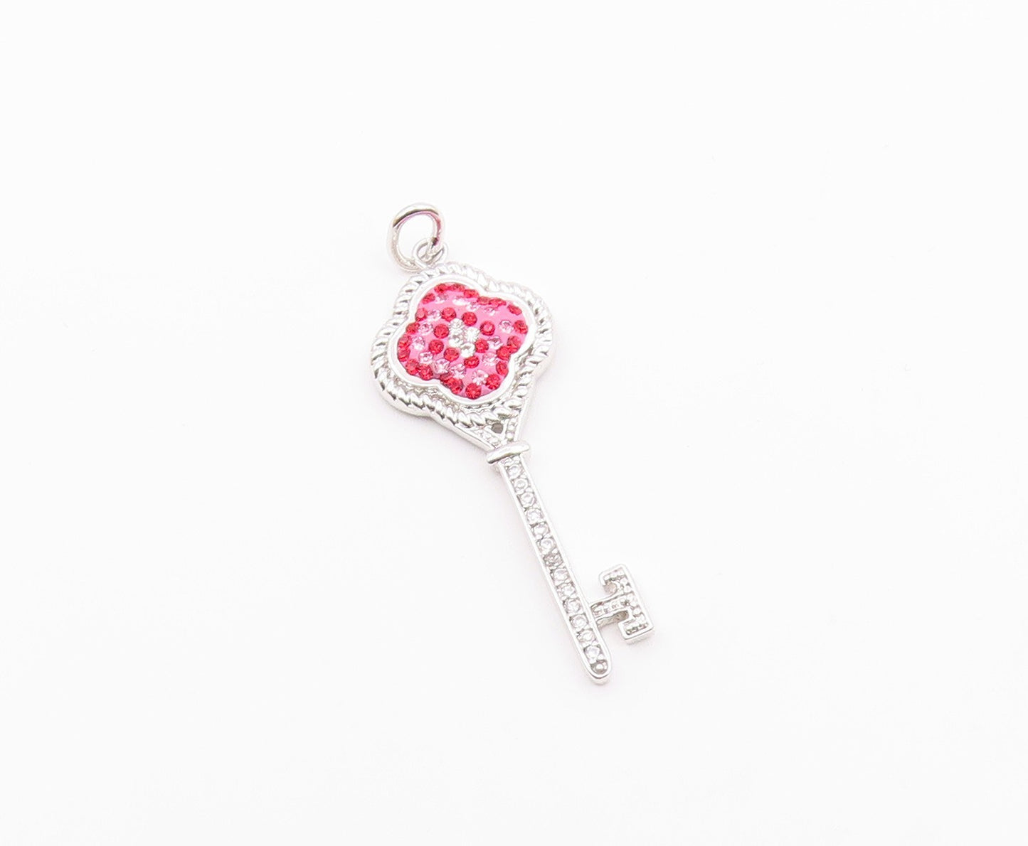 925 Sterling Silver  Vintage Pink Crystal & Topaz Key Motif Pendant  PT17410