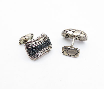 JOHN HARDY 925 Silver  Vintage Black Sapphire Cobble Detail Cuff Links  TR1077